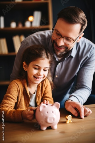 Daughter and father play piggy bank. Dad teaches his daughter to keep money in a piggy bank.