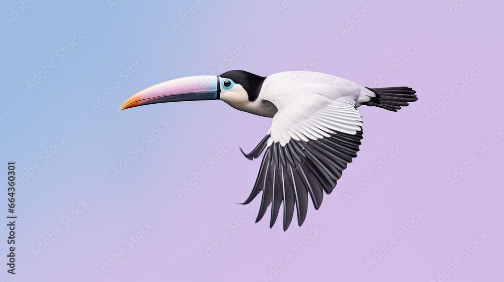 Fototapeta premium a bird with a long beak flying through the air with a blue sky in the background. generative ai