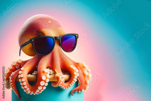 Funny octopus wearing sunglasses in studio with a colorful and bright background © ProArt Studios