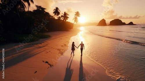 Couple man and woman walking on the beach of tropical island, at a luxury sunset.