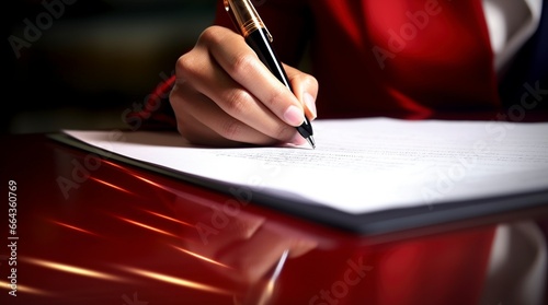 Mujer con un vestido rojo elegante firmando un documento en un despacho photo