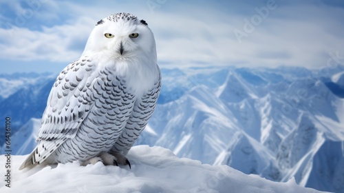 A snowy owl sits on a perch, its vigilant eyes surveying a vast, snowy landscape.