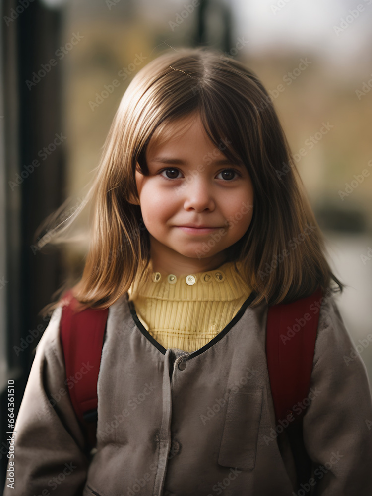 A year-old school girl with brown hair and a straight face. A year-old school girl with brown hair and a straight face.