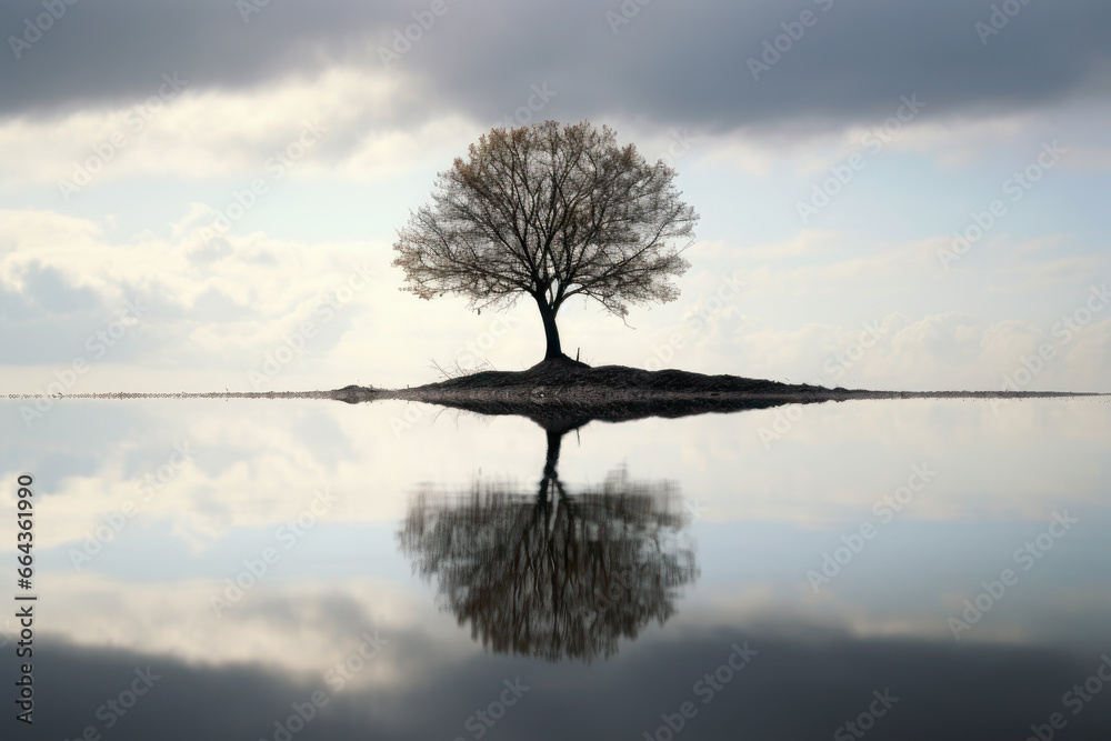 Lonely tree with reflection in water. Big tree in a field on the bank of a river or lake. Beautiful spring landscape Lonely tree with reflection in water. Big tree in a field on the bank of a river or lake. Beautiful spring landscape
