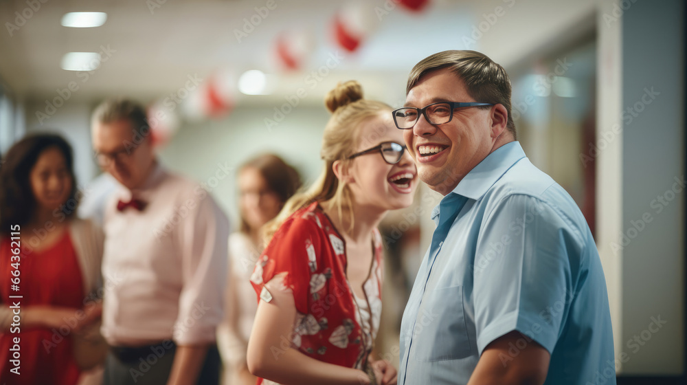 Heartwarming workplace with the impactful presence of a Down Syndrome colleague. Heartwarming workplace with the impactful presence of a Down Syndrome colleague.