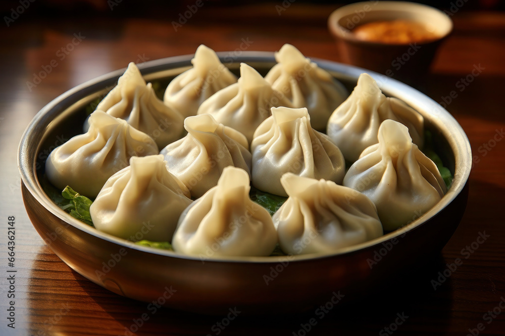 Khinkali with lamb on plate on wooden table. Caucasian boiled dish of dough and meat on a dark background Khinkali with lamb on plate on wooden table. Caucasian boiled dish of dough and meat on a dark background