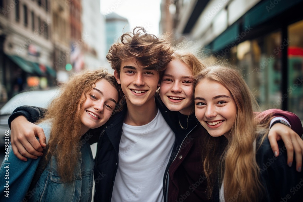 Happy teenagers posing on city street. Expression vacation stylish faces. Generate Ai