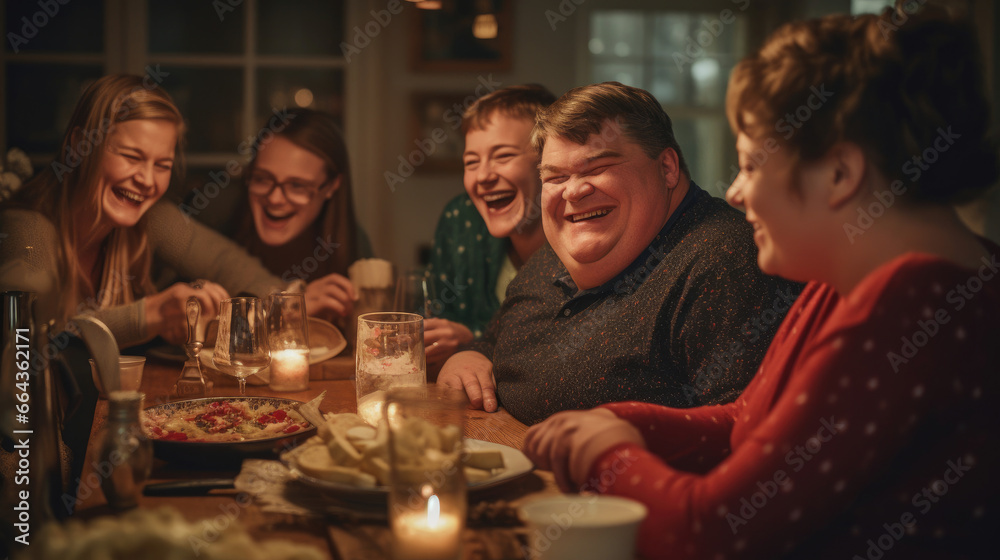 Heartwarming family gathering with a Down Syndrome member spreading joy.