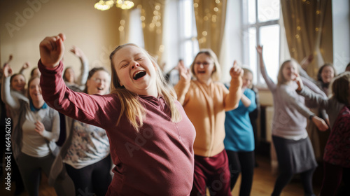 Exuberant dance class featuring a shining Down Syndrome participant.