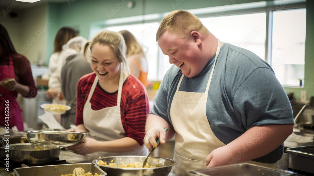 Delicious dishes: person with Down syndrome radiates joy and laughter. Delicious dishes: person with Down syndrome radiates joy and laughter.