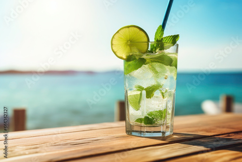 alcoholic Mojito cocktail with fresh lime, mint leaves. ice cubes placed on wooden board near sea or ocean in summer day