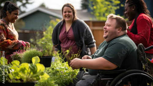 Lush garden: person with Down syndrome leads with laughter and enthusiasm.