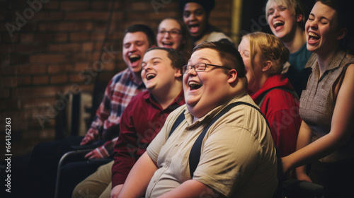 Dynamic theater rehearsal: person with Down syndrome inspires the cast.