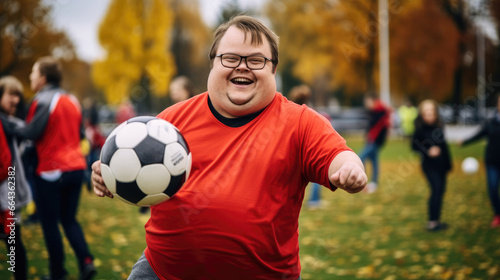 Friendly soccer match: person with Down syndrome adds excitement.