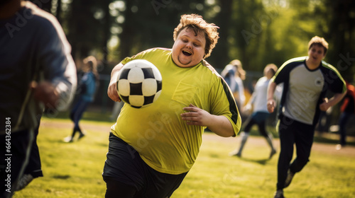 Lively soccer match: person with Down syndrome brings laughter and spirit.