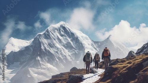 Climbers walking on snow-covered mountain. travel concept. photo