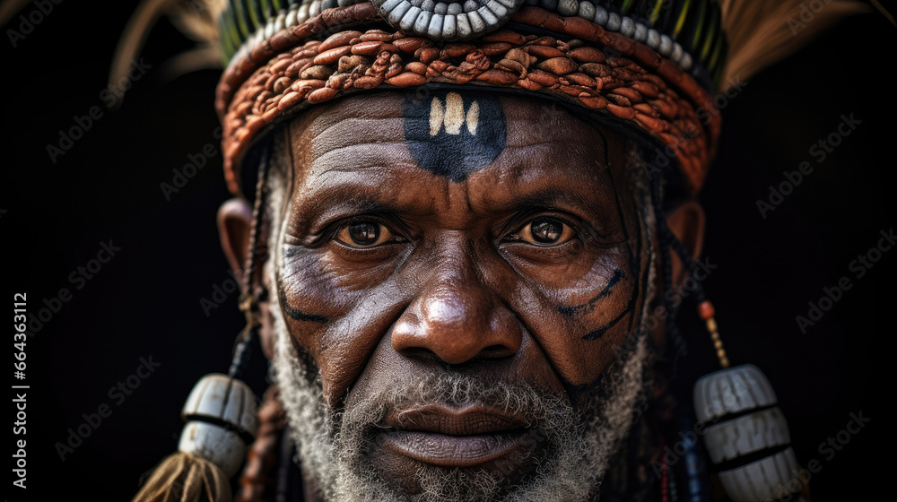 Zulu warrior adorned in ornate attire holds a spear.