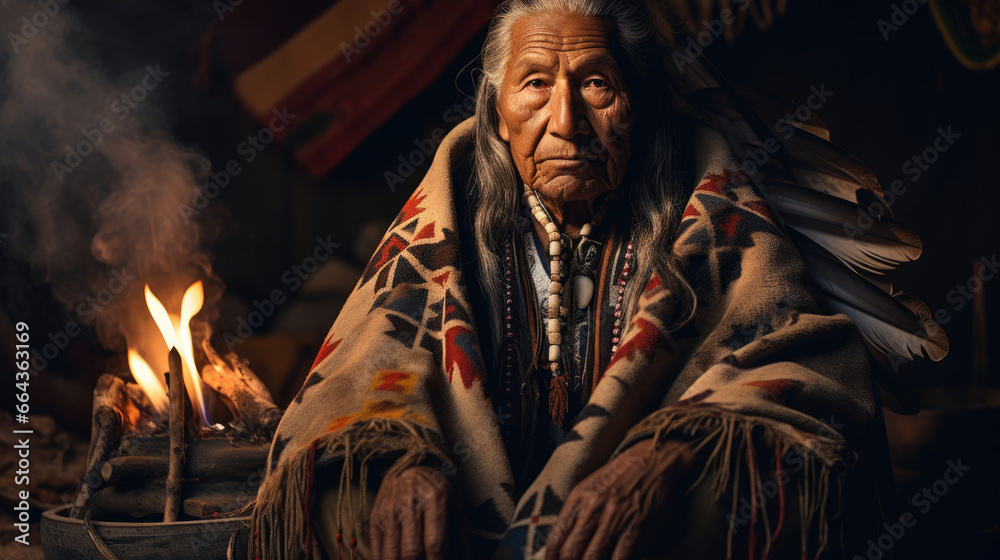 Obraz premium Native American elder stands by a sacred fire.