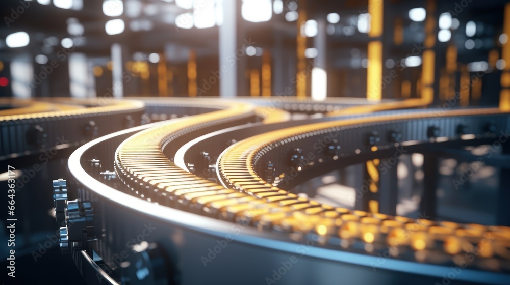Empty conveyor belts set against a hazy factory backdrop. Empty conveyor belts set against a hazy factory backdrop.