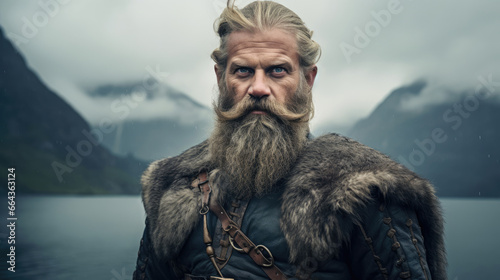 Bearded Viking re-enactor by misty fjord in Norse attire.
