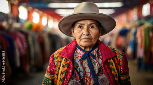 Confident Bolivian Cholita in colorful attire at market. © javier