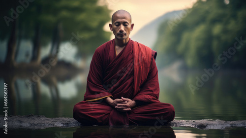 Wise Tibetan monk meditates in burgundy robes. © javier
