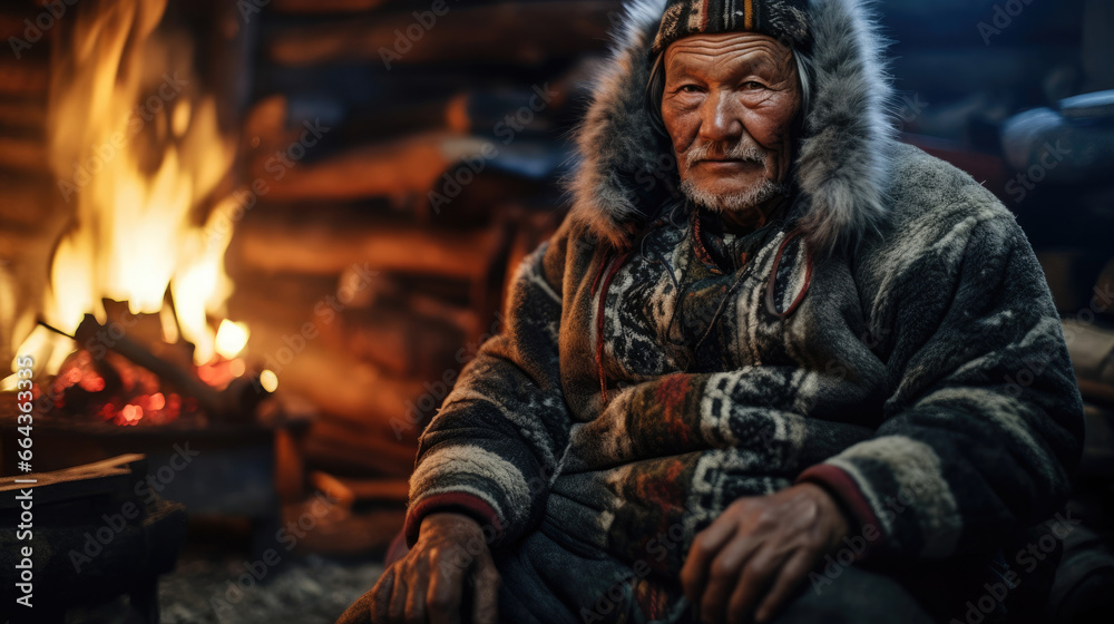 Sami Elder Reflects in Cozy Lavvu by Roaring Fire