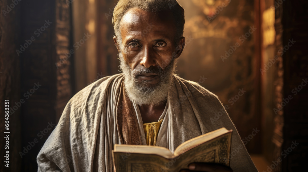 Proud Ethiopian Priest in Intricate Ecclesiastical Robes Proud Ethiopian Priest in Intricate Ecclesiastical Robes