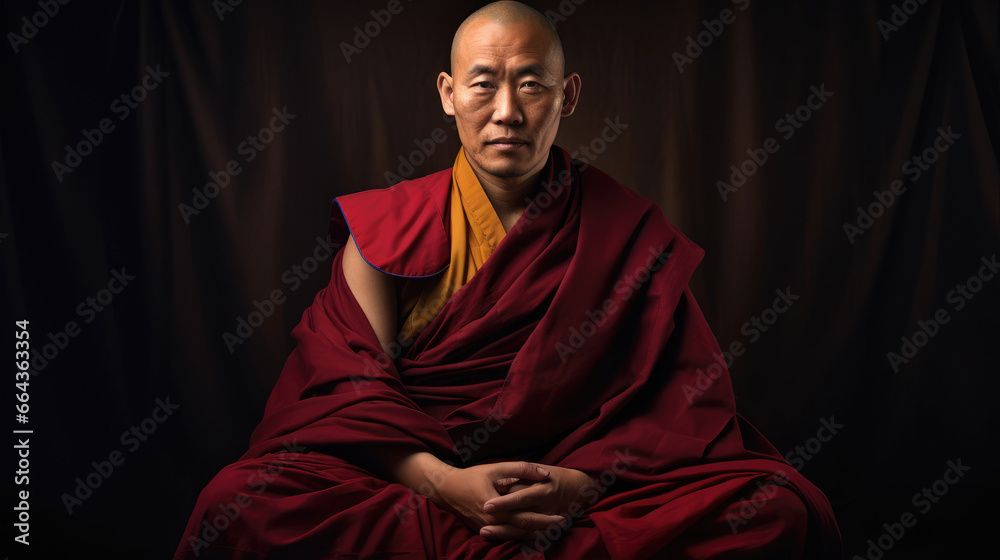 Tibetan Monk Meditates with Serenity in Burgundy Robes Tibetan Monk Meditates with Serenity in Burgundy Robes