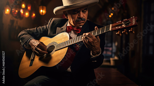Mexican Mariachi Musician Beats Guitar with Fervor