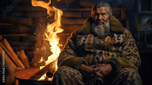 Contemplative Sami Elder by Roaring Fire in Cozy Lavvu