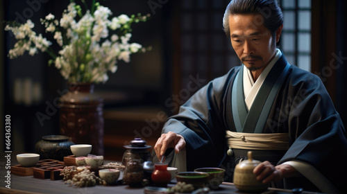 Contemplative Japanese Tea Master in Elegant Kimono