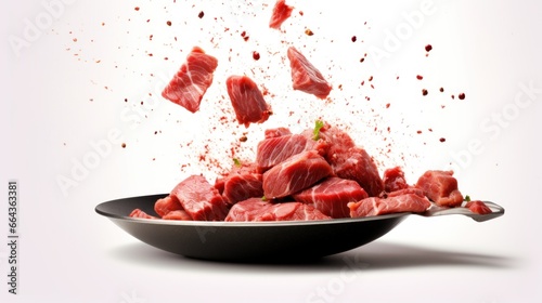 Raw meat pieces flying out of the pan against a white background.