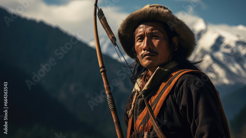 Contemplative Bhutanese Archer against Majestic Himalayas