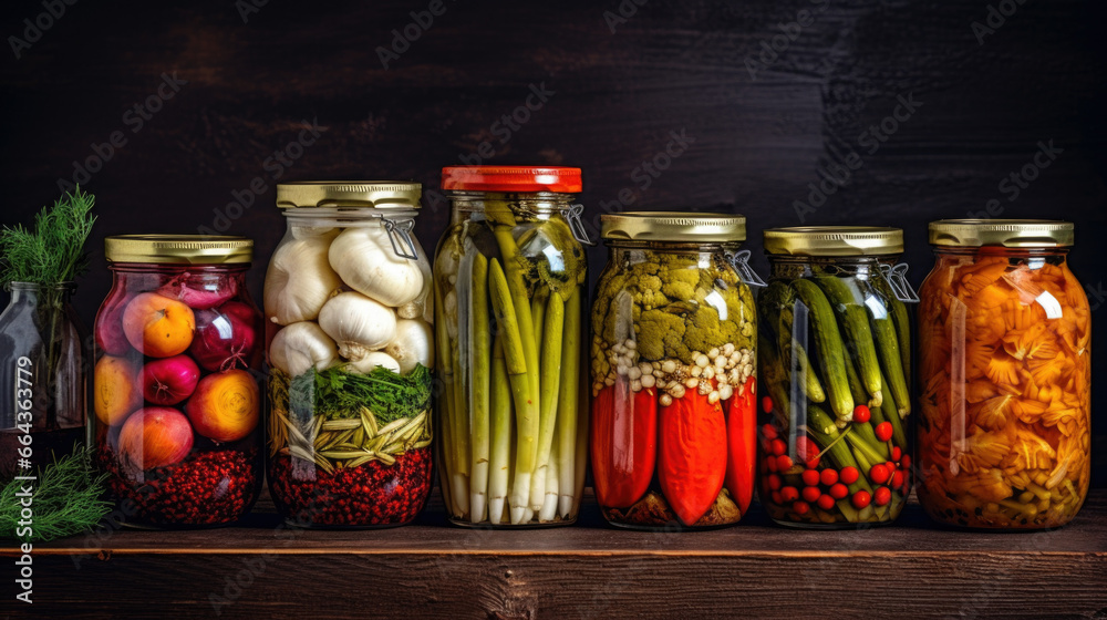 Preserving vegetables for the winter, canned vegetables in jars on a wooden table against a brown wall Preserving vegetables for the winter, canned vegetables in jars on a wooden table against a brown wall