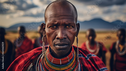 Proud Maasai warrior stands on sweeping savannah eyes holding timeless connection. © javier