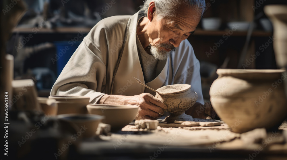 Japanese pottery master shaping clay with skill and artistry Japanese pottery master shaping clay with skill and artistry