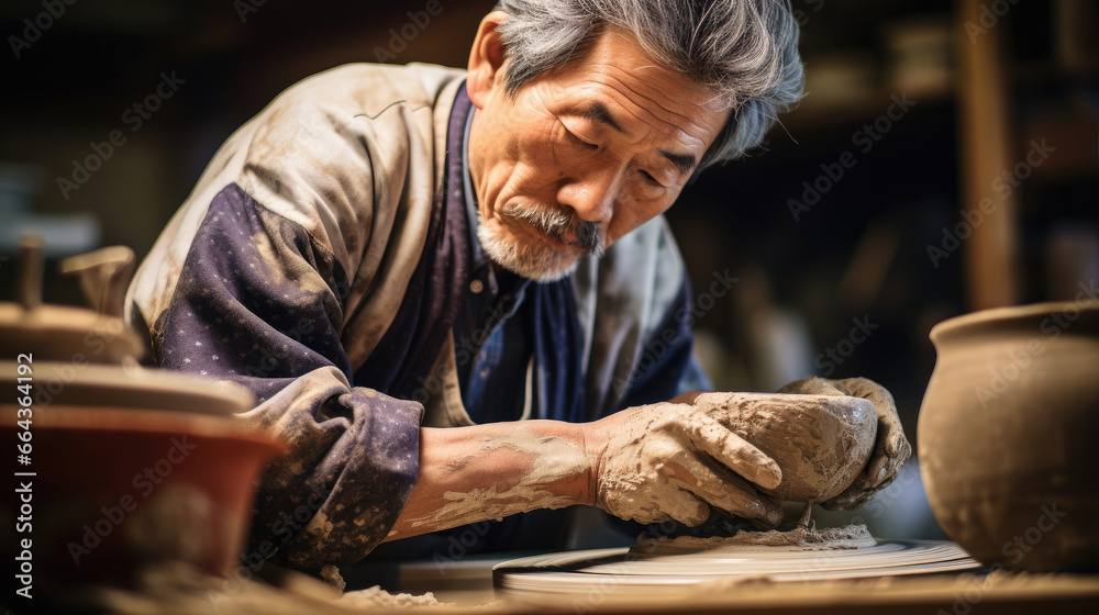 Japanese pottery master shaping clay with patience and skill Japanese pottery master shaping clay with patience and skill