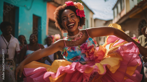 Vibrant Cuban rumba dancer in frills dancing with infectious energy and rhythm