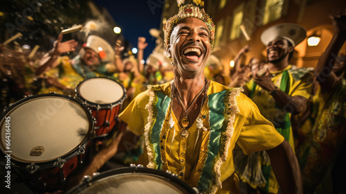 Jubilant Brazilian maracatu drummer creating beats resonating with cultural vitality