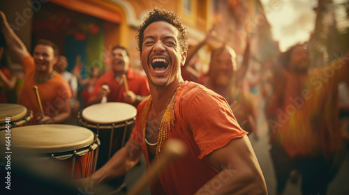 Jubilant maracatu drummer from Brazil creating beats resonating with culture photo