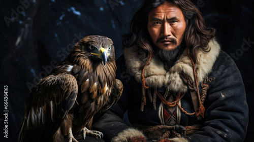 Proud Kazakh eagle hunter with majestic bird of prey reflecting deep bond © javier