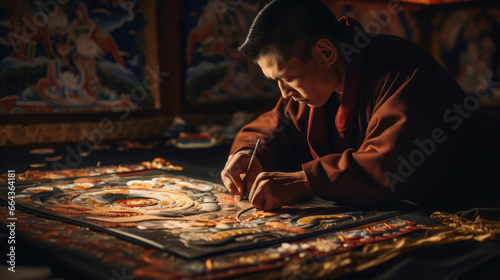 Tibetan thangka painter creating intricate sacred art with dedication
