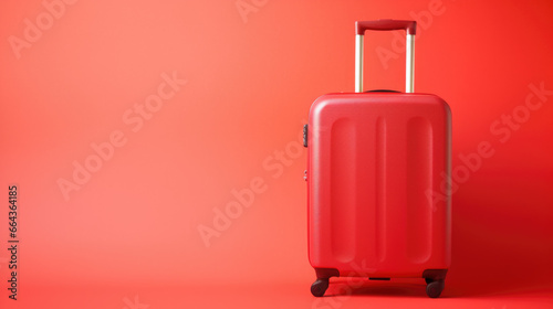 Travel red suitcase on red background.