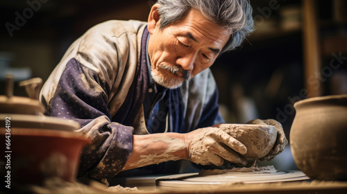 Japanese pottery master shaping clay with patience and skill