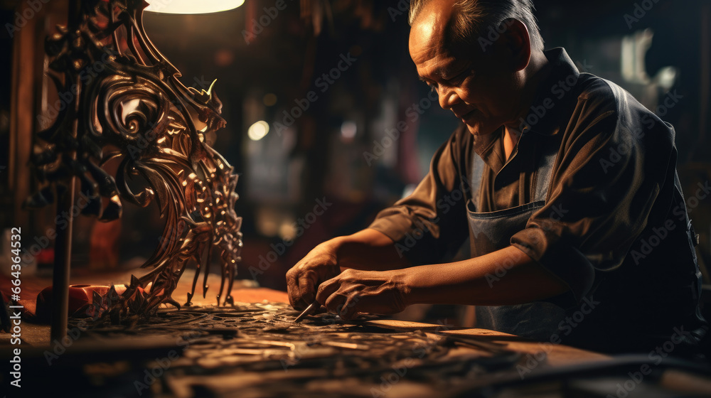 Thai shadow puppet maker intricately cuts leather for characters workshop alive with scent.