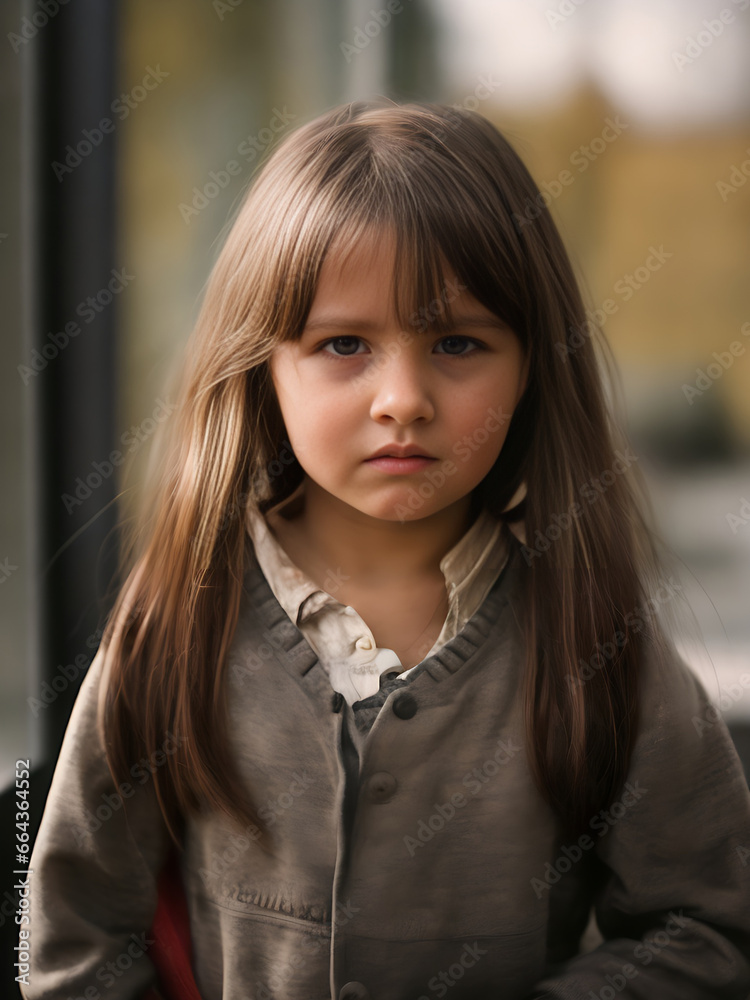 A year-old school girl with brown hair and a straight face. A year-old school girl with brown hair and a straight face.