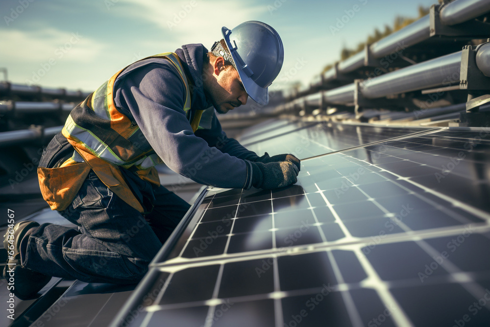 a man worker and maintenance engineer fixes photovoltaic solar panels. Renewable energy and electricity to care for the environment a man worker and maintenance engineer fixes photovoltaic solar panels. Renewable energy and electricity to care for the environment