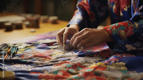 Japanese kimono painter creates intricate designs on silk studio scented with paint. © javier