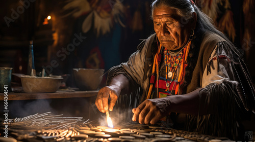 Native American storyteller shares tales of ancient legends room aglow with firelight.